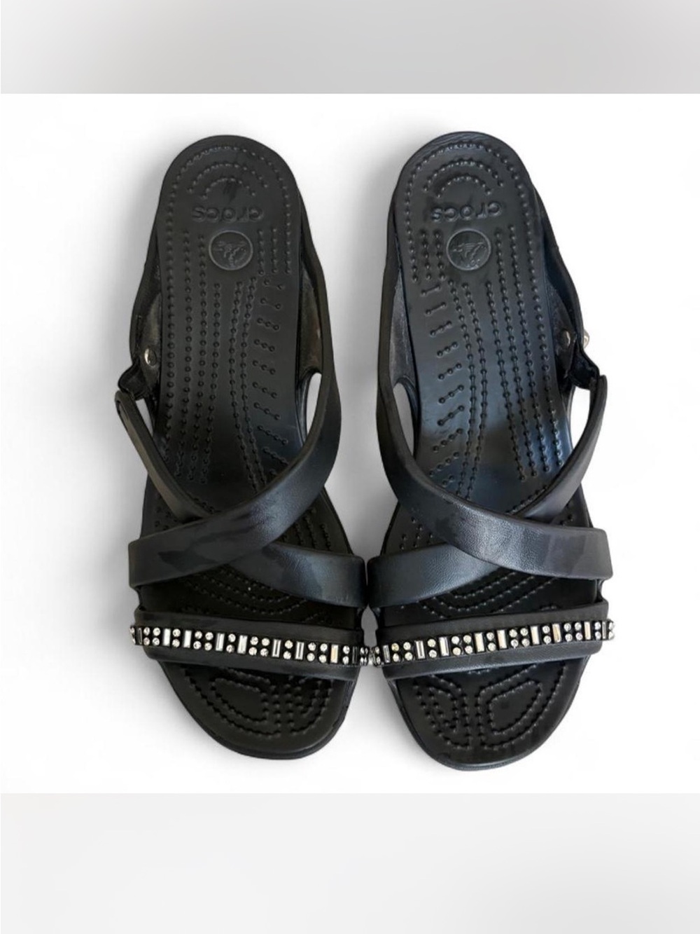 CROCS Black Jeweled Strappy Heeled Sandals - Picture 3 of 8